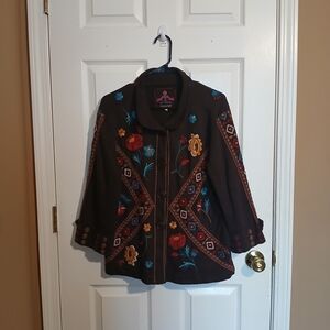 Johnny Was Embroidered Floral Jacket Women Brown Size M